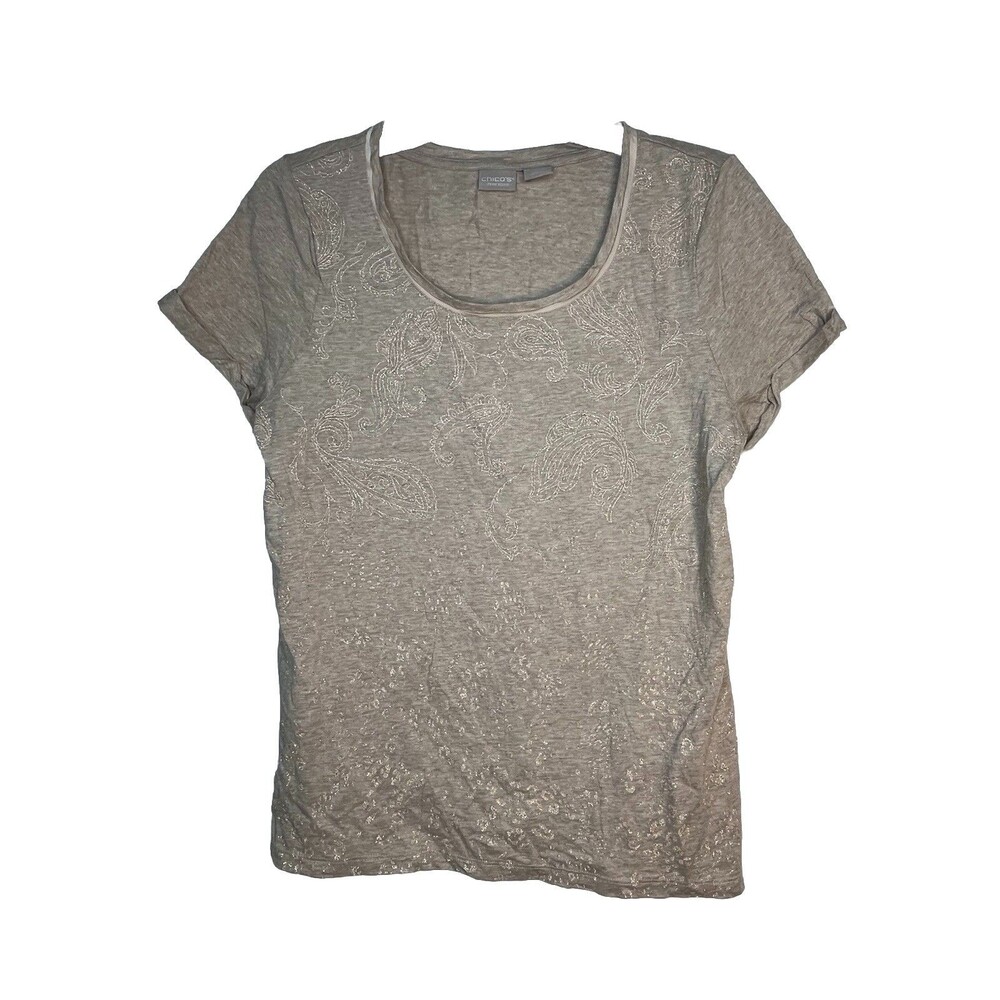 Chicos Paisley Embroidered Metallic Gray Short Sleeve 1 Top M 6 8